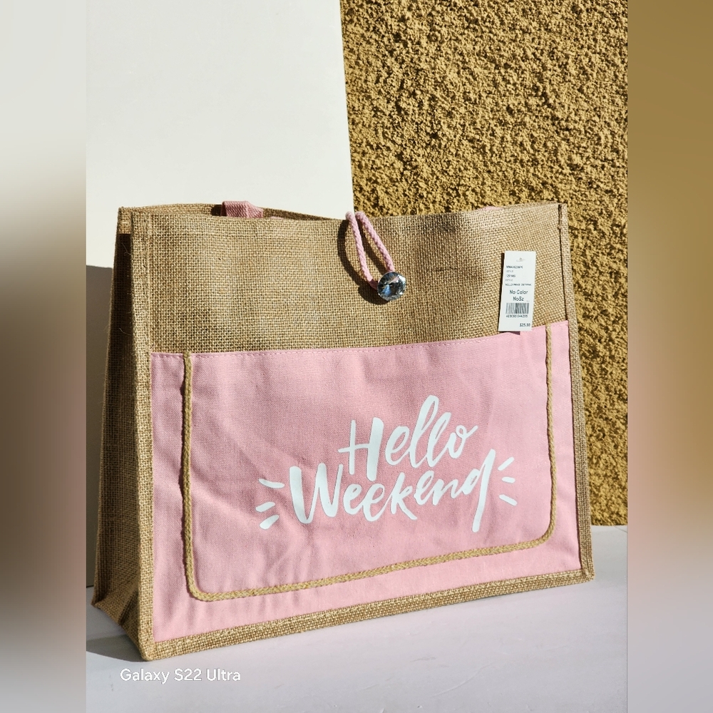 Women's Hello Weekend Light Pink & White Burlap Tote Bag - Picture 5 of 8
